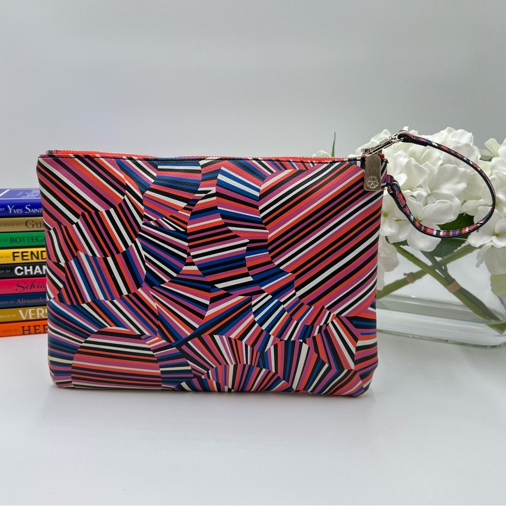 Trina Turk Wristlet Large Vegan Leather Striped LIKE NEW